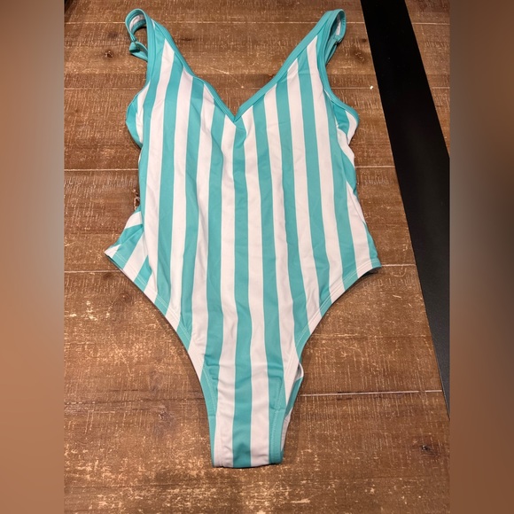 Kona Sol One Piece Swimsuit Turquoise blue and white stripes. - Picture 2 of 5